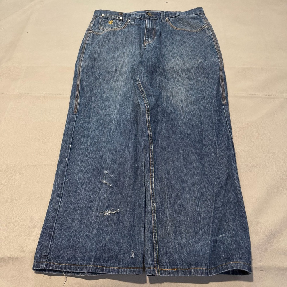 VTG Y2K Rocawear Men Baggy Wide Dark Wash Jean Denim 36x30 Skate Distress-6998